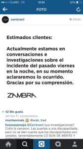 Este es el post que publicó la cuenta de Instagram de la Discoteca Zambra al otro día del incidente. 