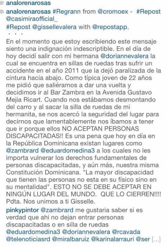 Caso Zambra: Post de Giselle Valera después del incidente en Discoteca Zambra.