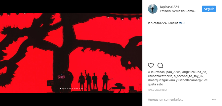 Foto de Instagram del concierto de U2 en Bogotá, Colombia. Joshua Tree Tour 2017